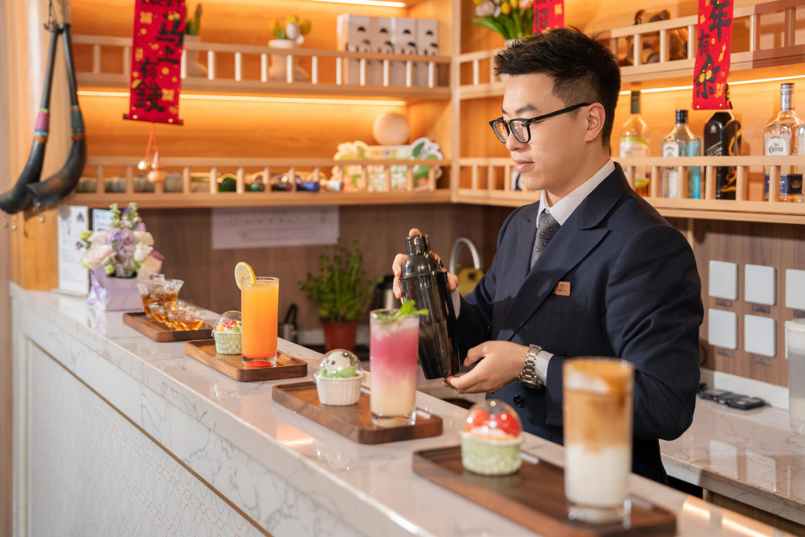 Drinks being prepared in a train bar