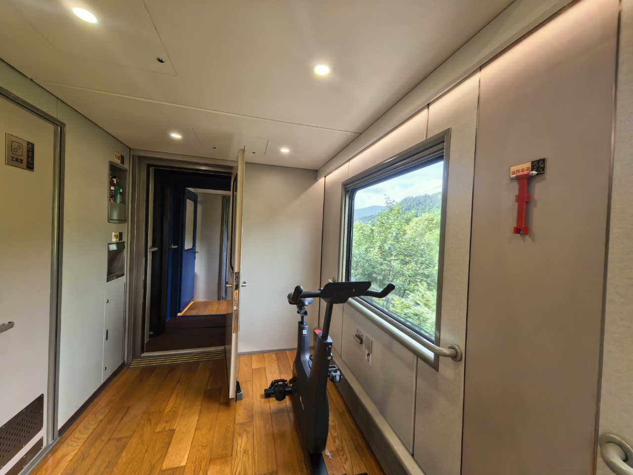 Stationary bicycle beside a Snow Country Train window